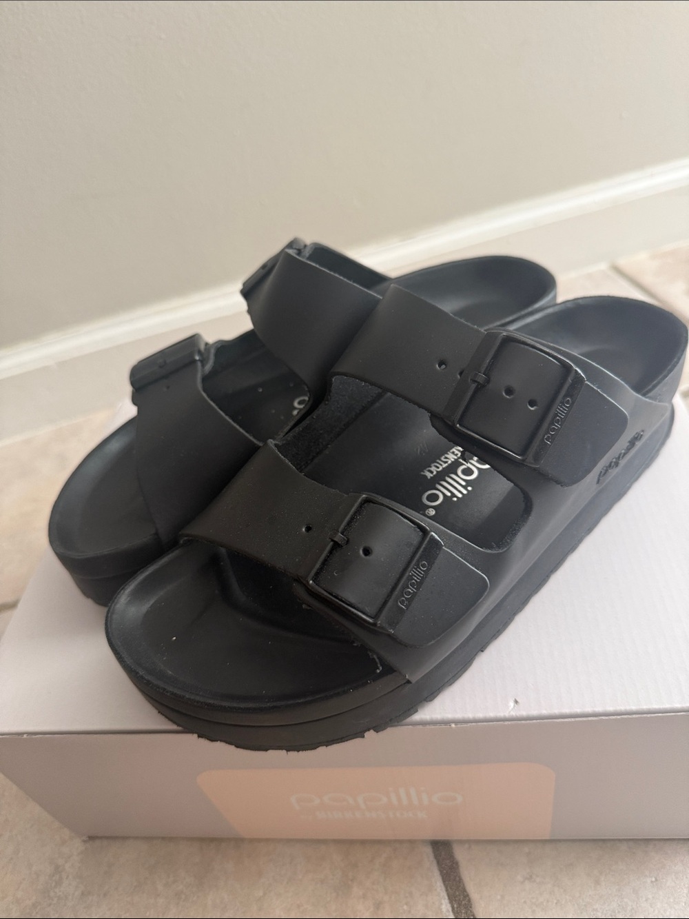 Papillio Black Double-Strap Buckle Slide Sandals